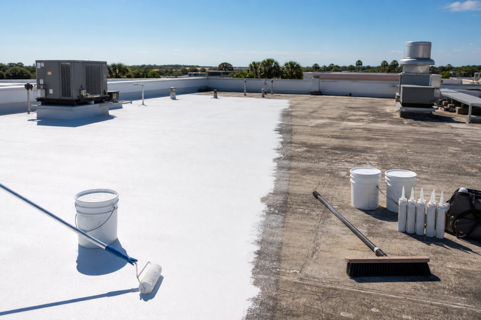 commercial roof coating preparation on a Lakeland flat roof